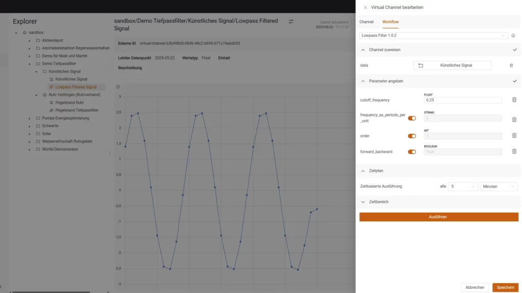 Ein Screenshot aus der hetida platform. Dieser zeigt die Bearbeitung eines virtuellen Kanals, in diesem Fall dem Tiefpassfilter.